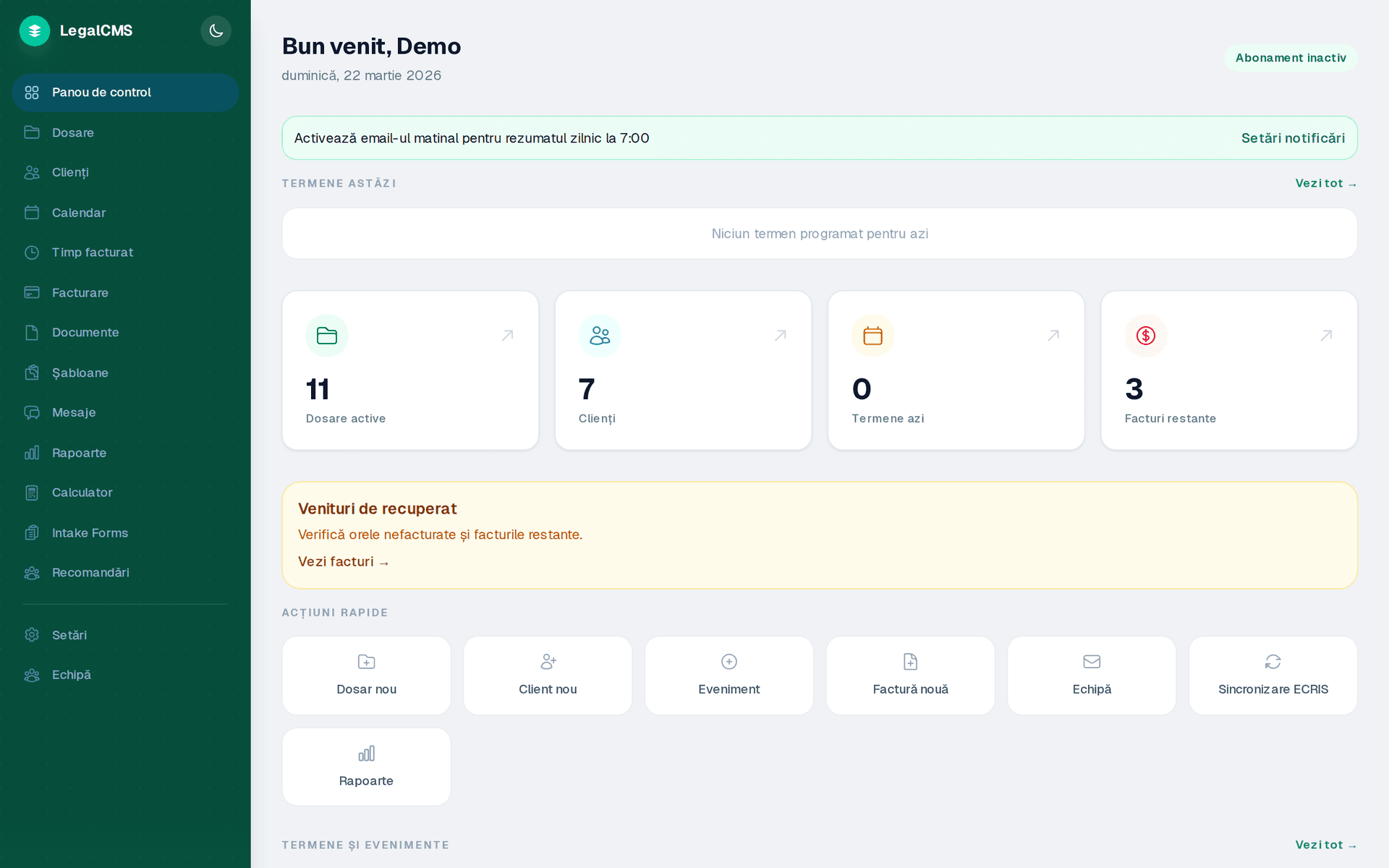 LexID Dashboard — Briefing de dimineata cu dosare, termene si statistici