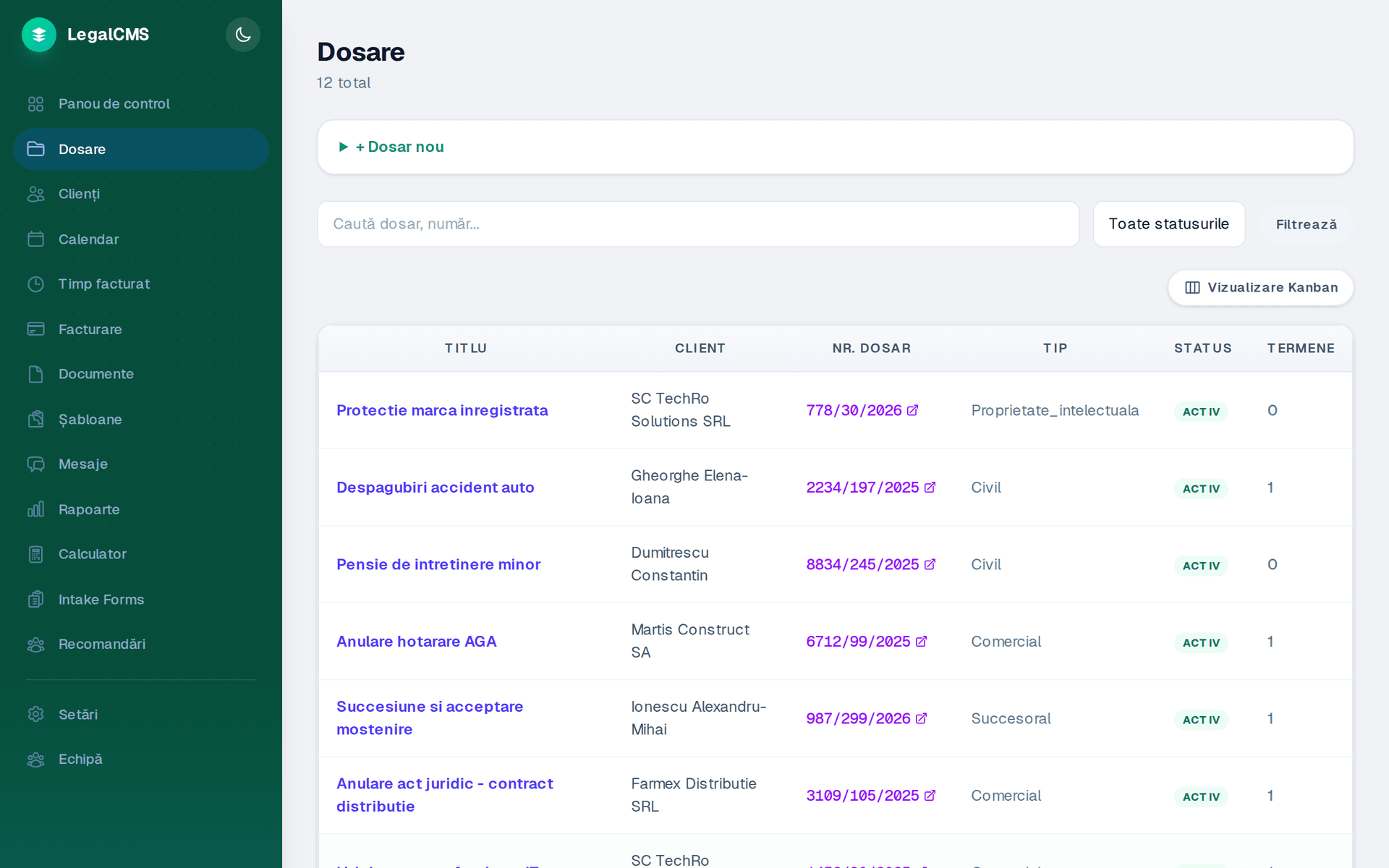 Lista dosare LexID — vizualizare completa cu filtre si status