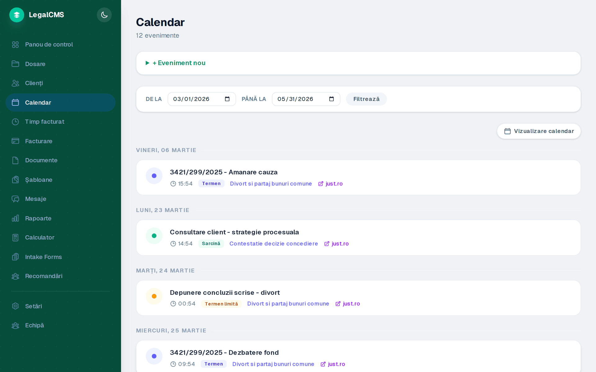 Calendar LexID — termene de judecata, deadline-uri, sincronizare Google Calendar