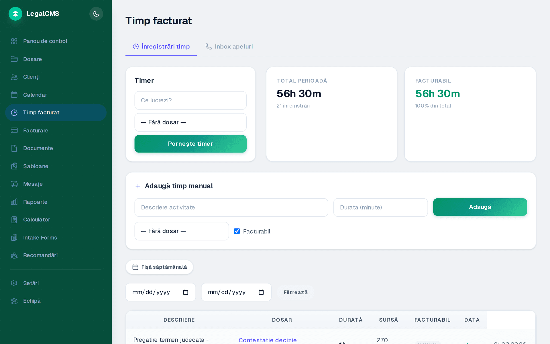 Time tracking LexID — cronometru live, inregistrare ore, Call-to-Billable